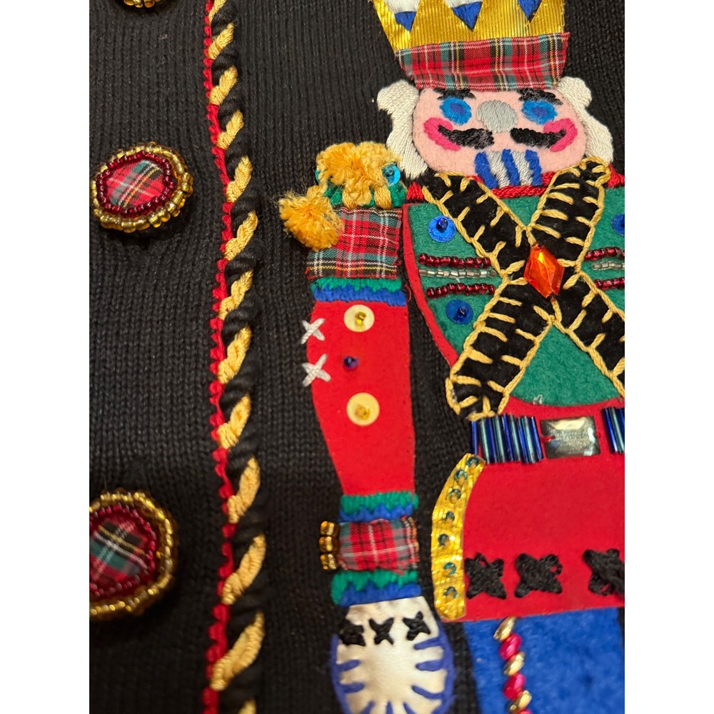 Michael Simon Vintage Nutcracker Christmas Cardigan Sweater Black Plaid Large - Picture 7 of 7